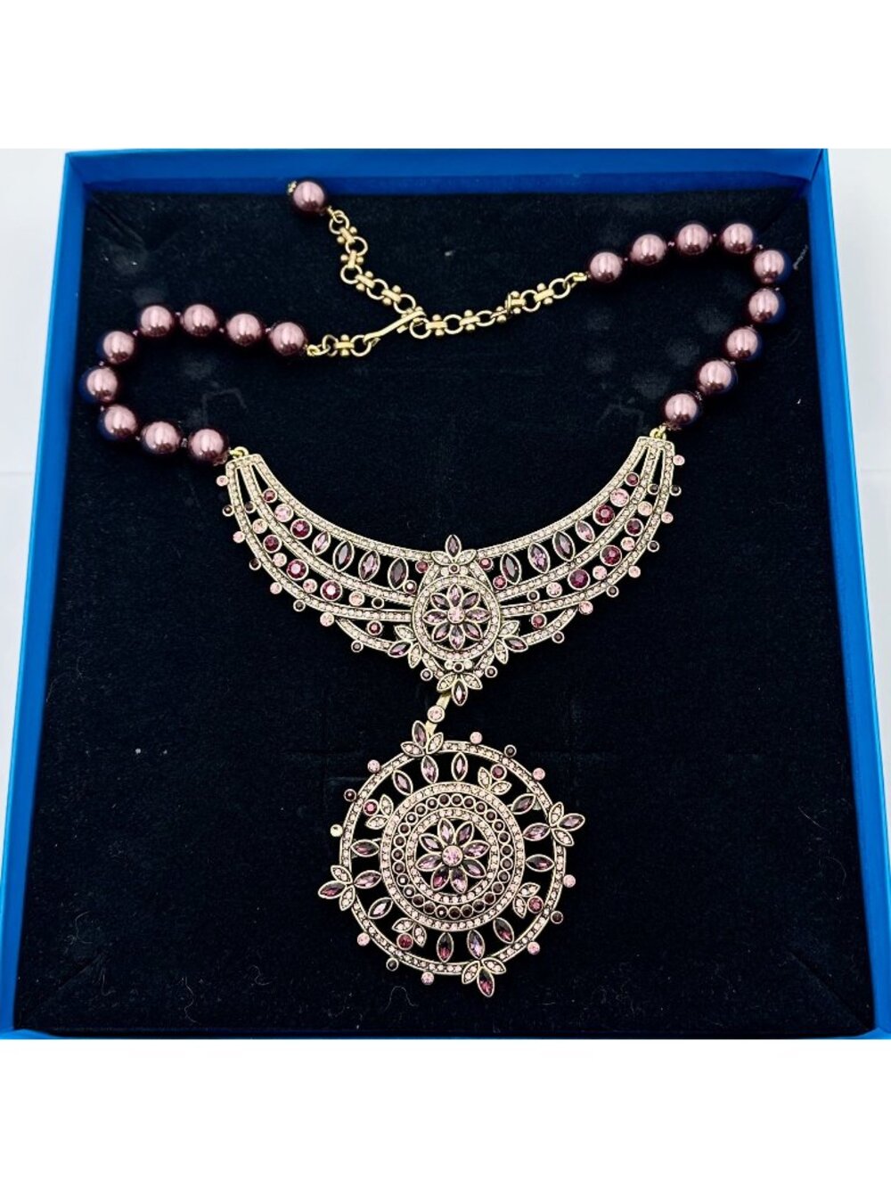Heidi Daus Necklace Pink Crystal Faux Pearl Bronze Tone Pendant